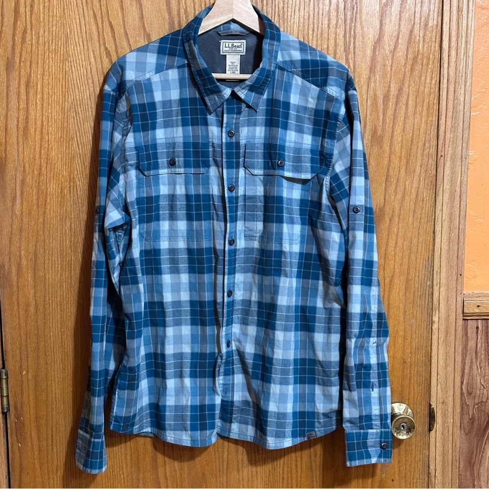 LL Bean Men's Blue Plaid Shirt lightweight sz‎ large outdoors (C)
